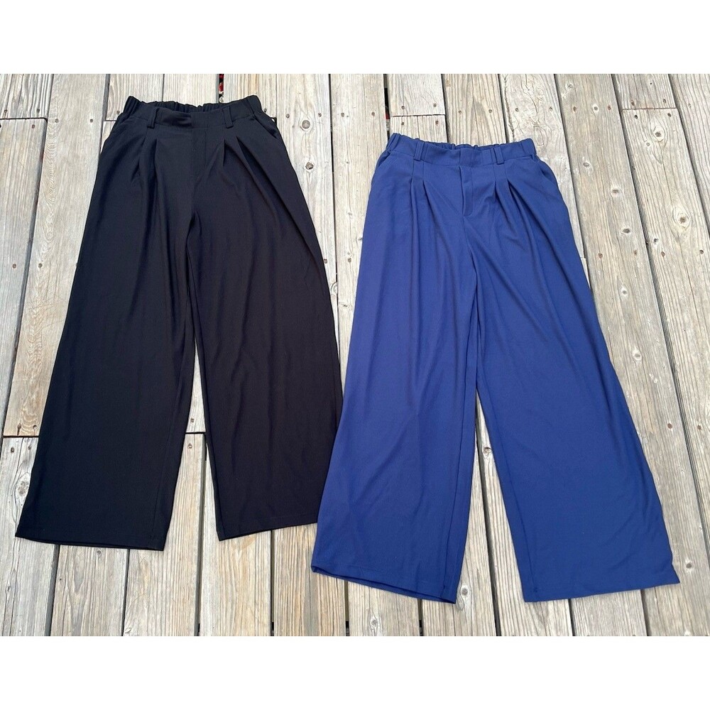 NWT! (2) Halara Women's M Pleated Wide Leg Pull-On Trouser Pants - Black/Blue